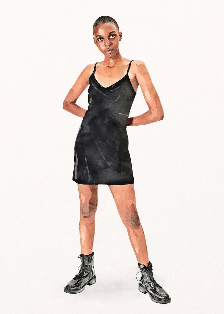 Black woman wearing dress, watercolor full body fashion illustration psd