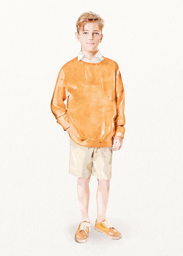 Boy wearing sweater, school fashion, kid watercolor illustration, full body