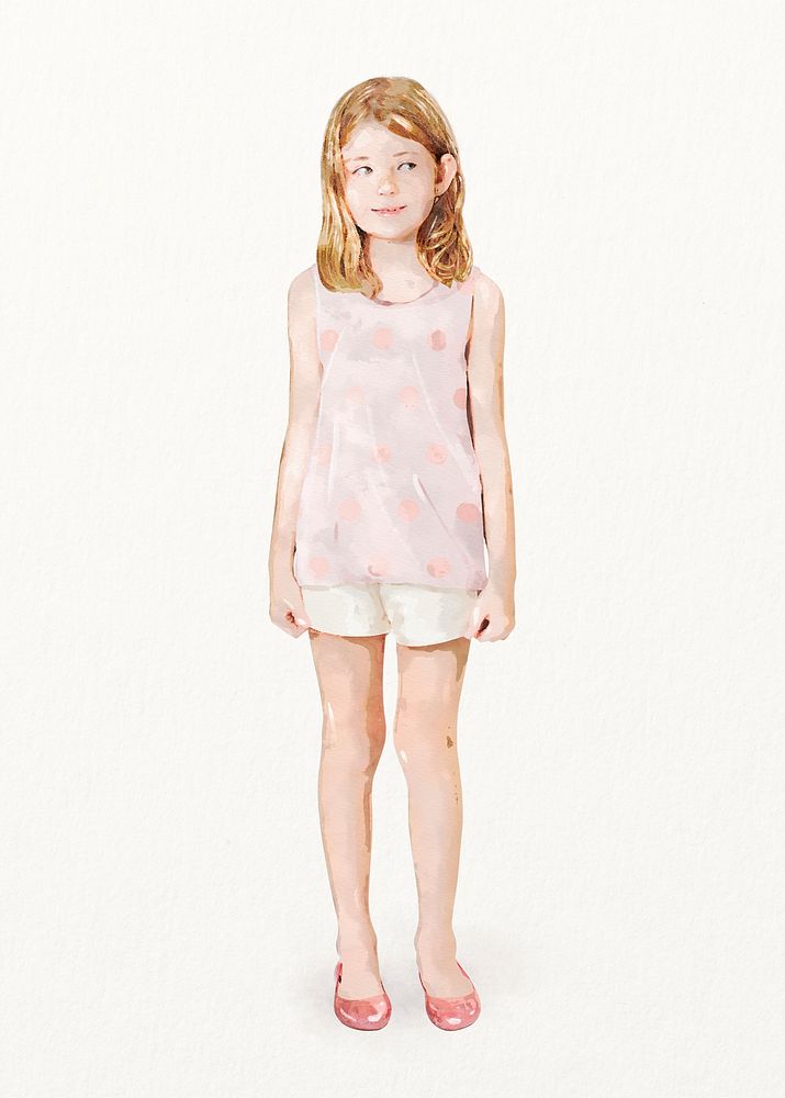 Little girl standing, kids fashion, watercolor illustration, full body