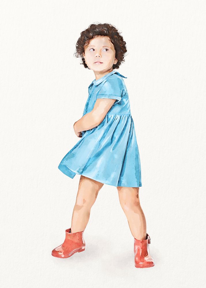 Little girl standing, toddler fashion, watercolor illustration, full body