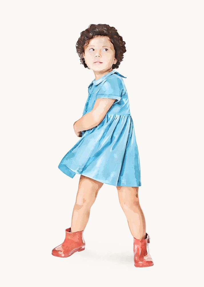 Little girl standing, toddler fashion, watercolor illustration, full body vector