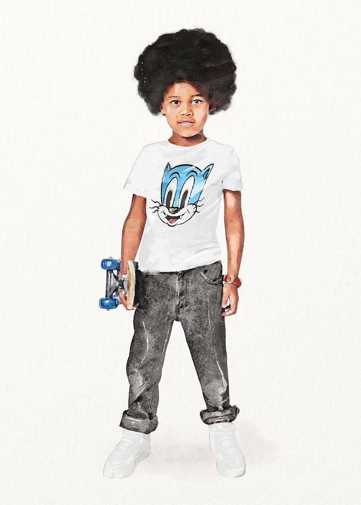 African-American boy, kids street fashion, watercolor illustration