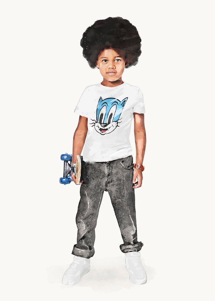 African-American boy, kids street fashion, watercolor illustration vector