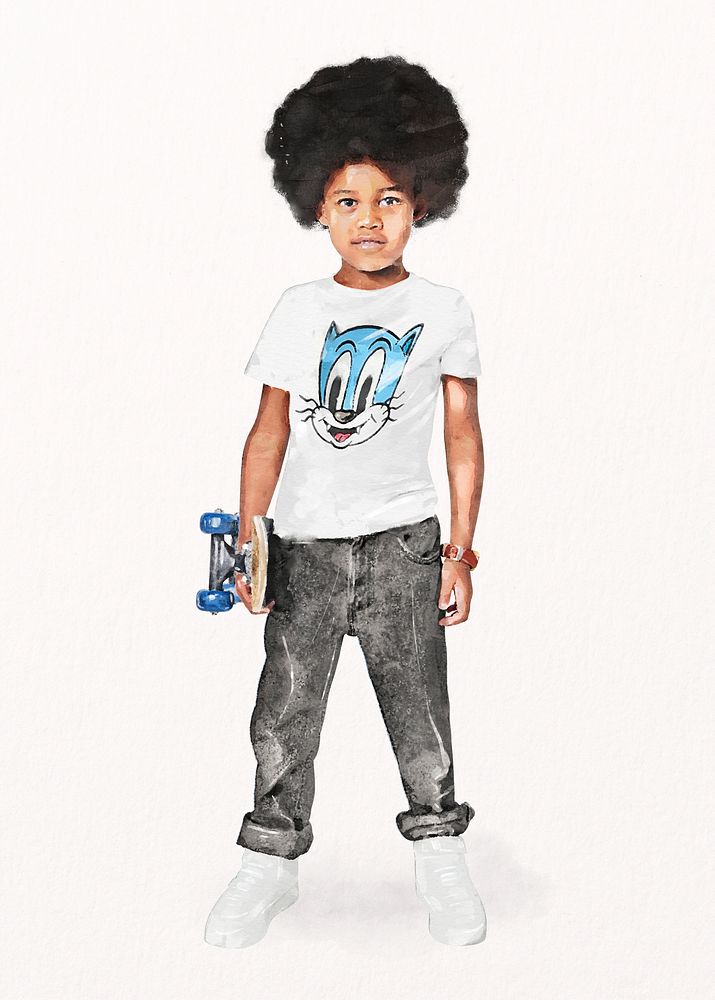 African-American boy, kids street fashion, watercolor illustration psd