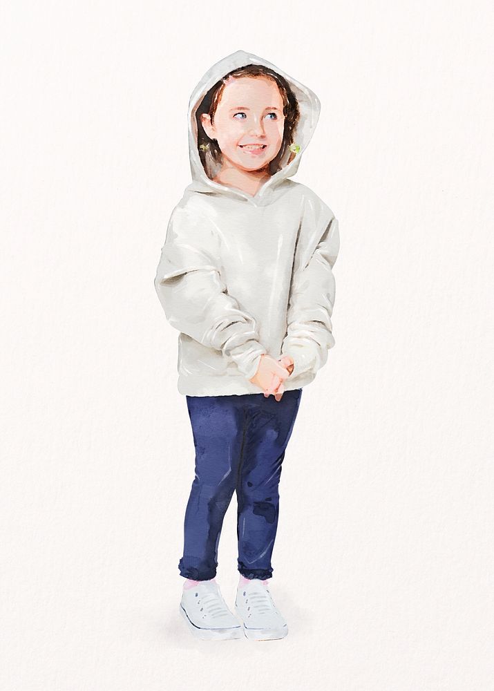 Happy girl in sweater, kids winter fashion, watercolor illustration psd