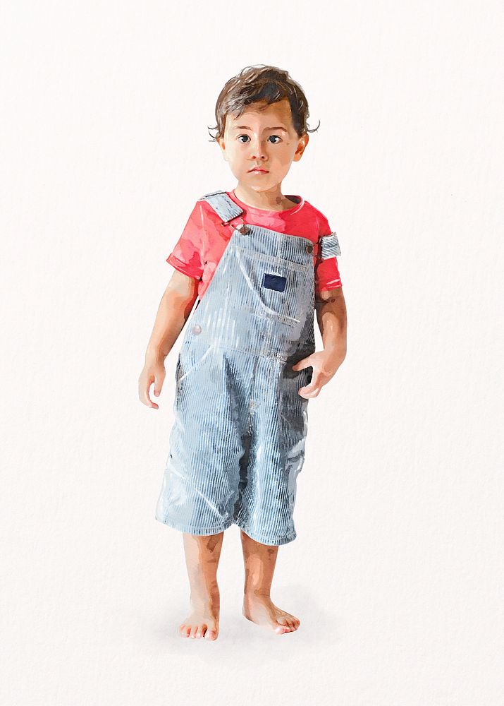 Toddler wearing jeans overalls, kids fashion illustration psd