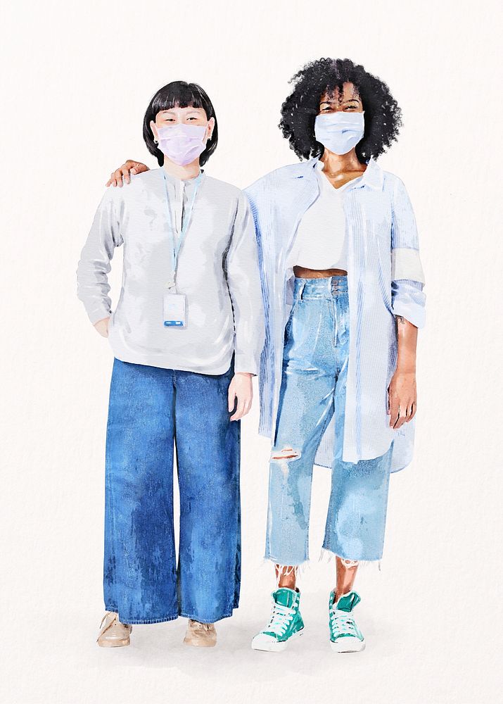 Diverse women volunteers wearing mask, watercolor illustration psd