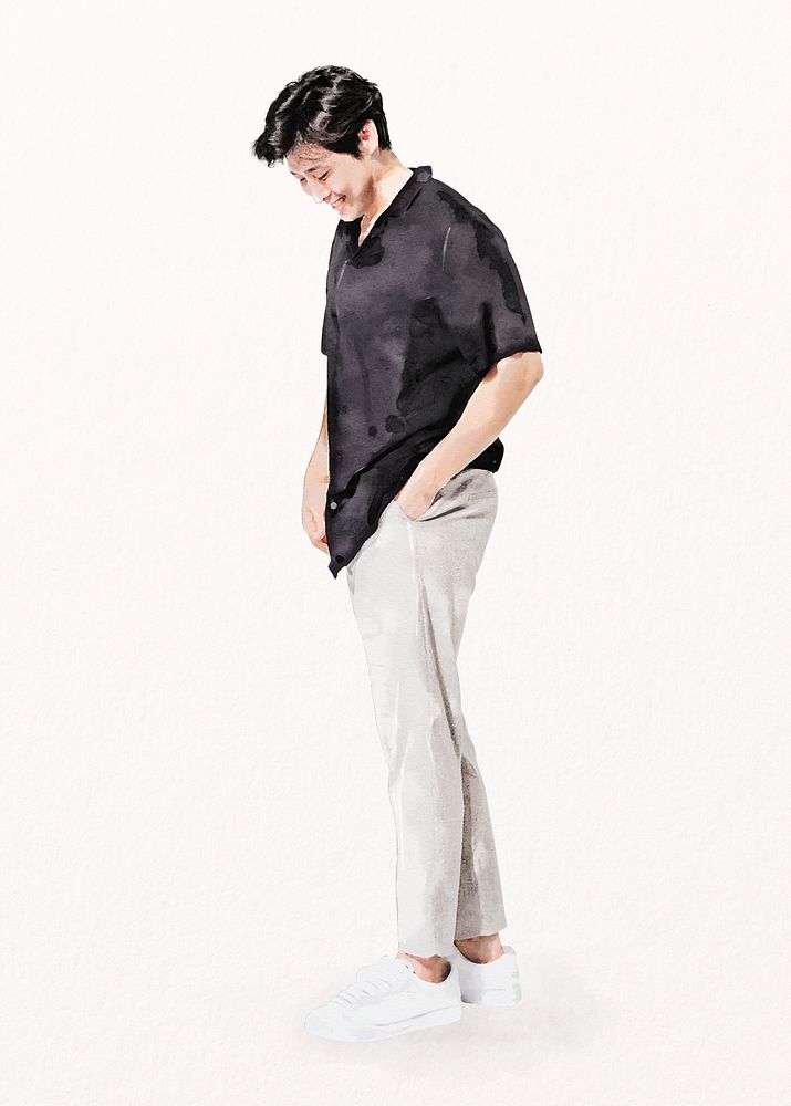 Asian man smiling, watercolor illustration, hand in pocket psd