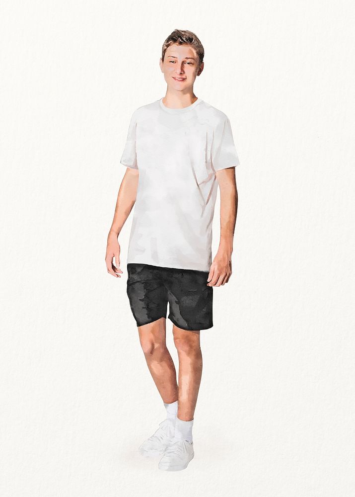 Teenage boy, casual fashion, watercolor illustration, full body