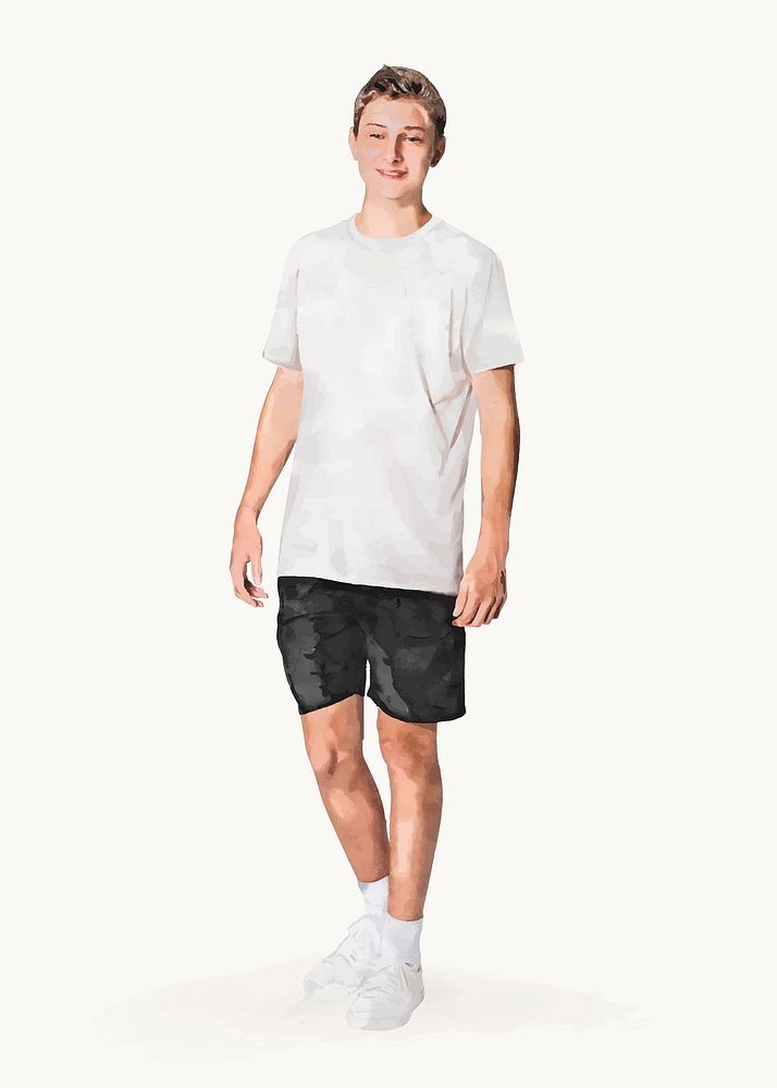 Teenage boy, casual fashion, watercolor illustration, full body vector