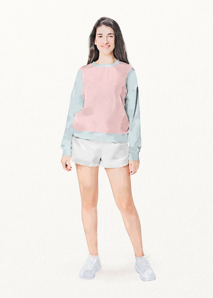 Happy teen girl wearing sweater, watercolor illustration 