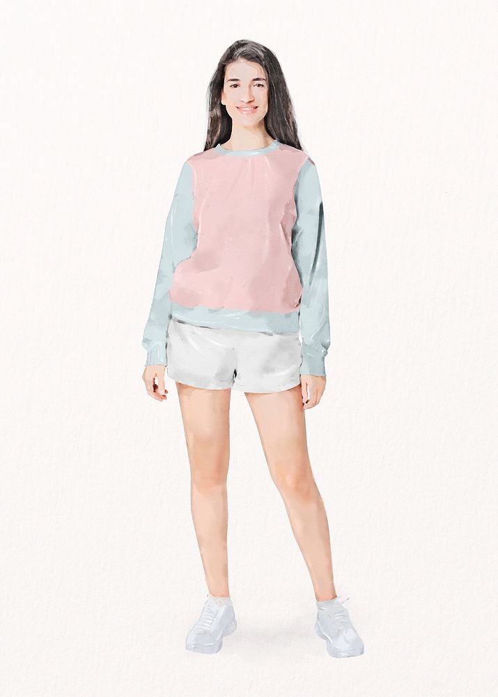 Happy teen girl wearing sweater, watercolor illustration psd