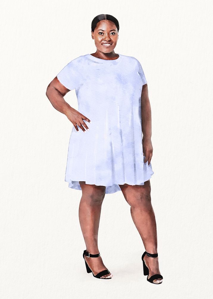 Black woman wearing dress, plus-size fashion, watercolor full body illustration