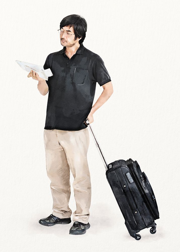 Asian man with travel luggage, watercolor illustration