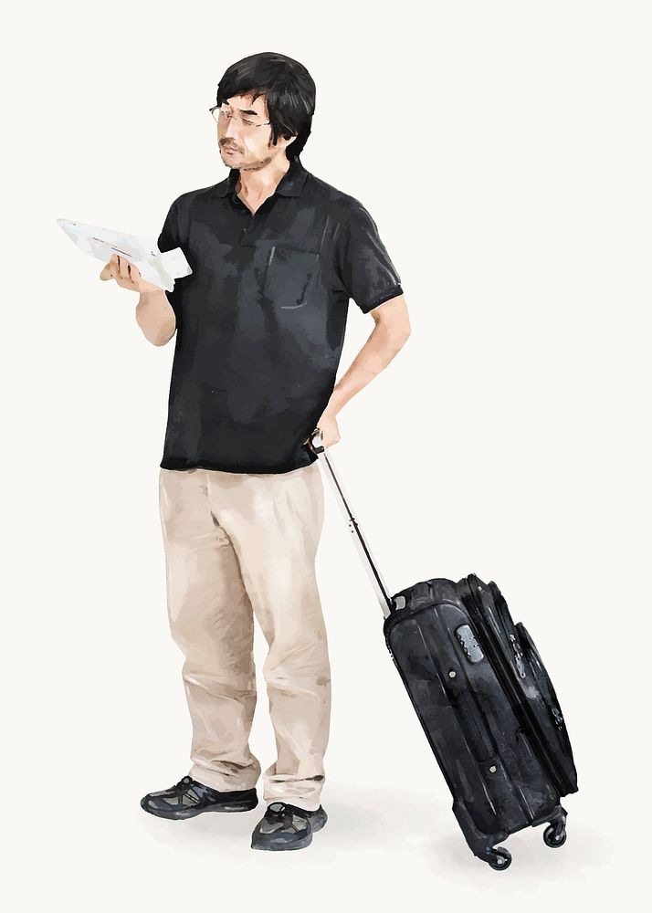 Asian man with travel luggage, watercolor illustration vector