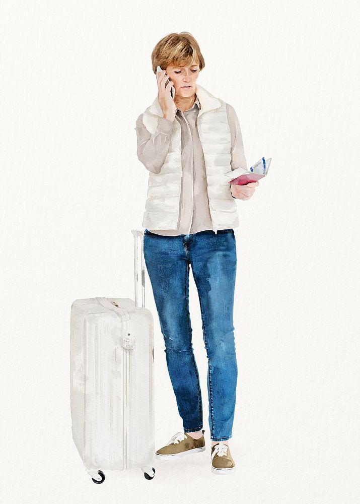Blonde woman with travel luggage, watercolor illustration