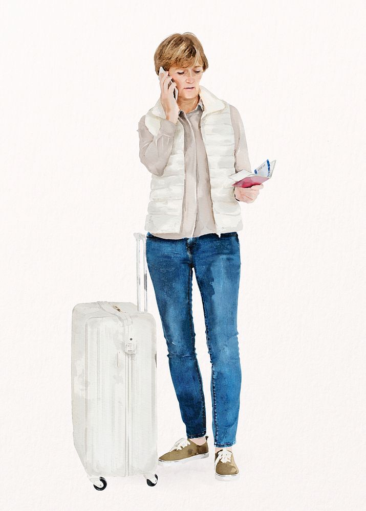 Blonde woman with travel luggage, watercolor illustration psd