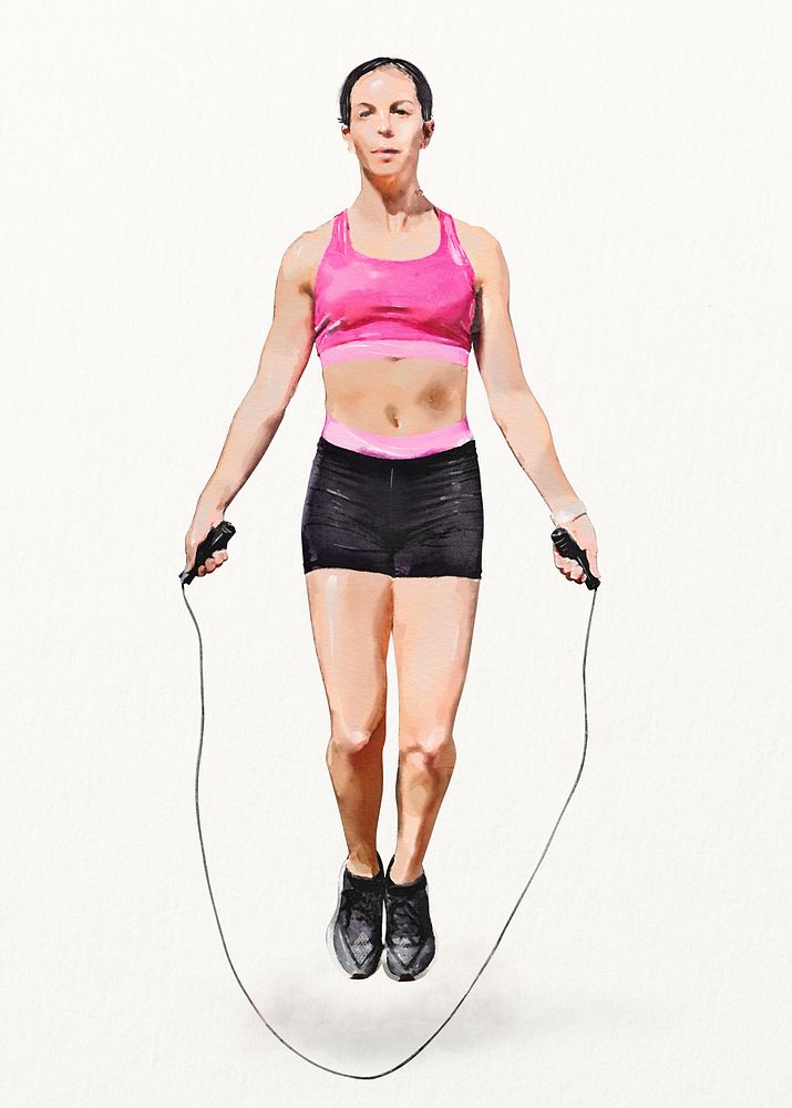 Woman skipping rope, wellness watercolor illustration, full body