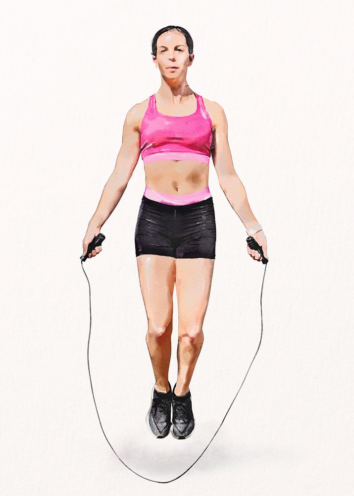 Woman skipping rope, wellness watercolor illustration, full body psd