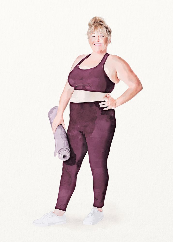 Happy chubby yoga woman, watercolor illustration