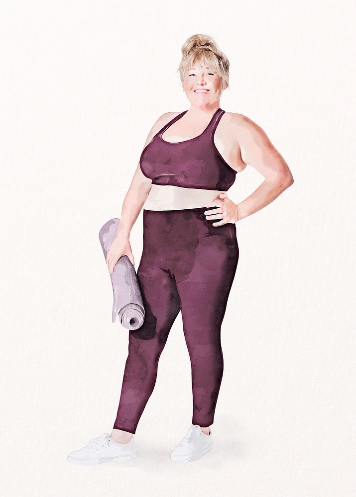 Happy chubby yoga woman, watercolor illustration psd