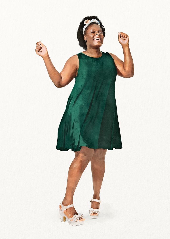 Black woman dancing, watercolor illustration, full body gesture