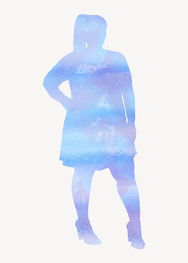 Blue chubby woman silhouette, watercolor, confident body gesture psd