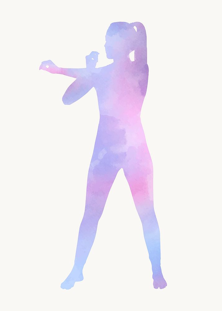 Woman stretching arms silhouette, watercolor illustration vector
