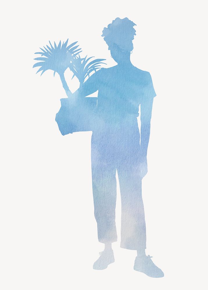 Woman holding plant silhouette, hobby, watercolor illustration
