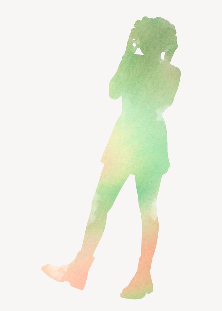 Woman listening to music silhouette, green watercolor illustration