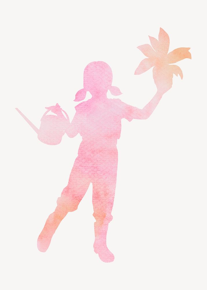 Little girl holding plant silhouette, hobby, watercolor illustration