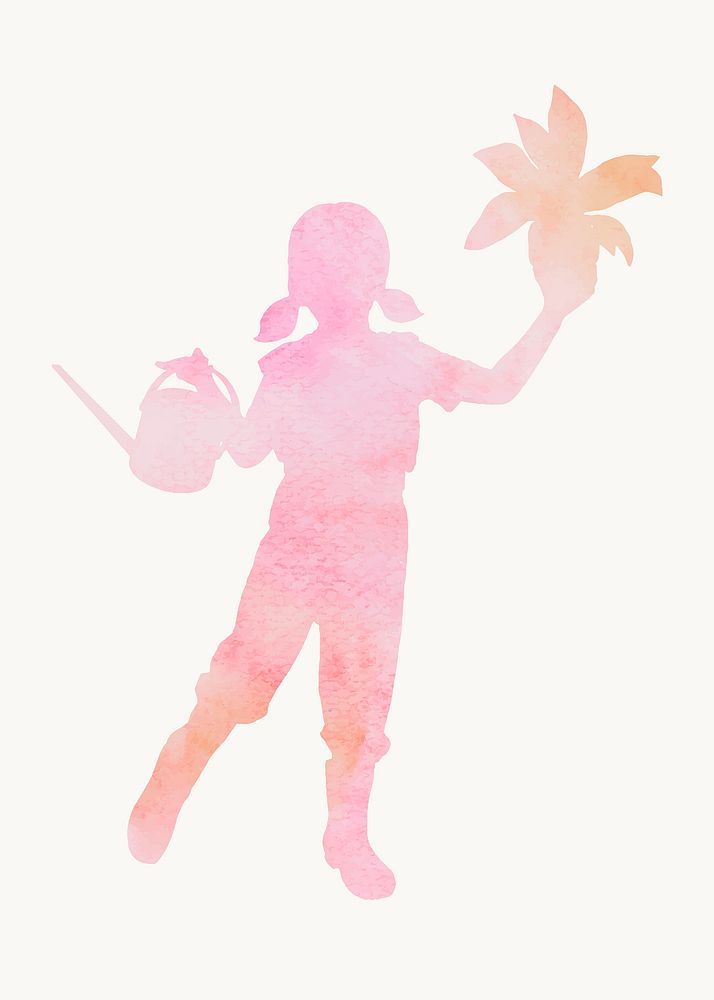 Little girl holding plant silhouette, hobby, watercolor illustration vector