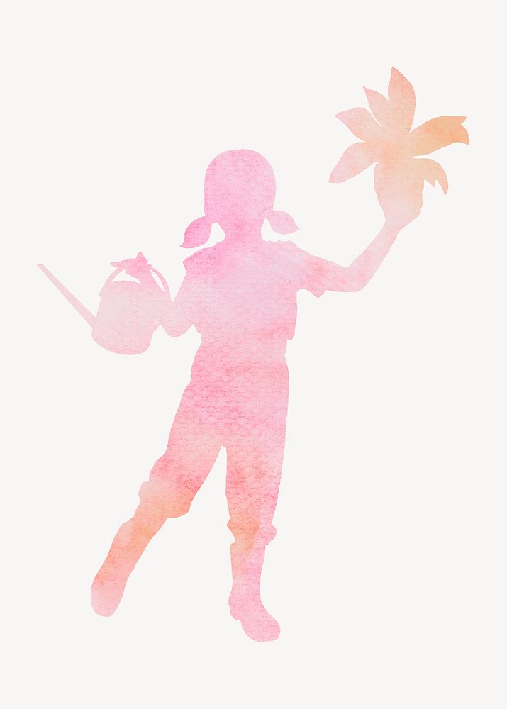 Little girl holding plant silhouette, hobby, watercolor illustration psd