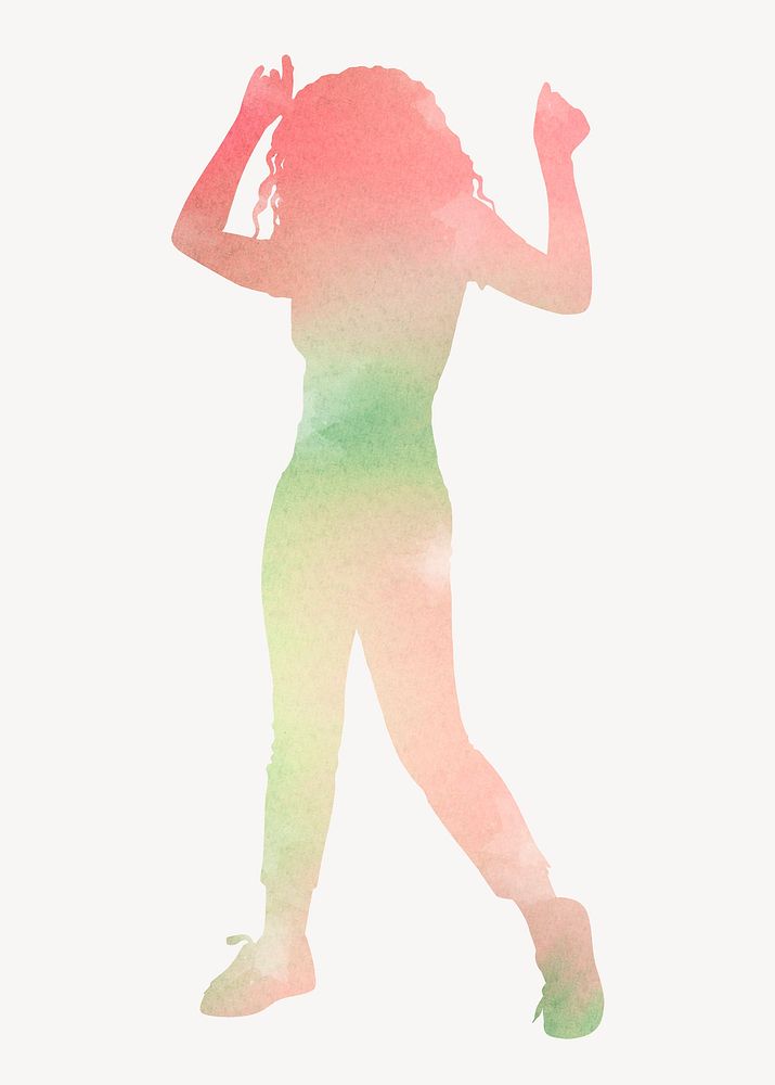 Colorful woman dancing silhouette, watercolor clipart, full body psd