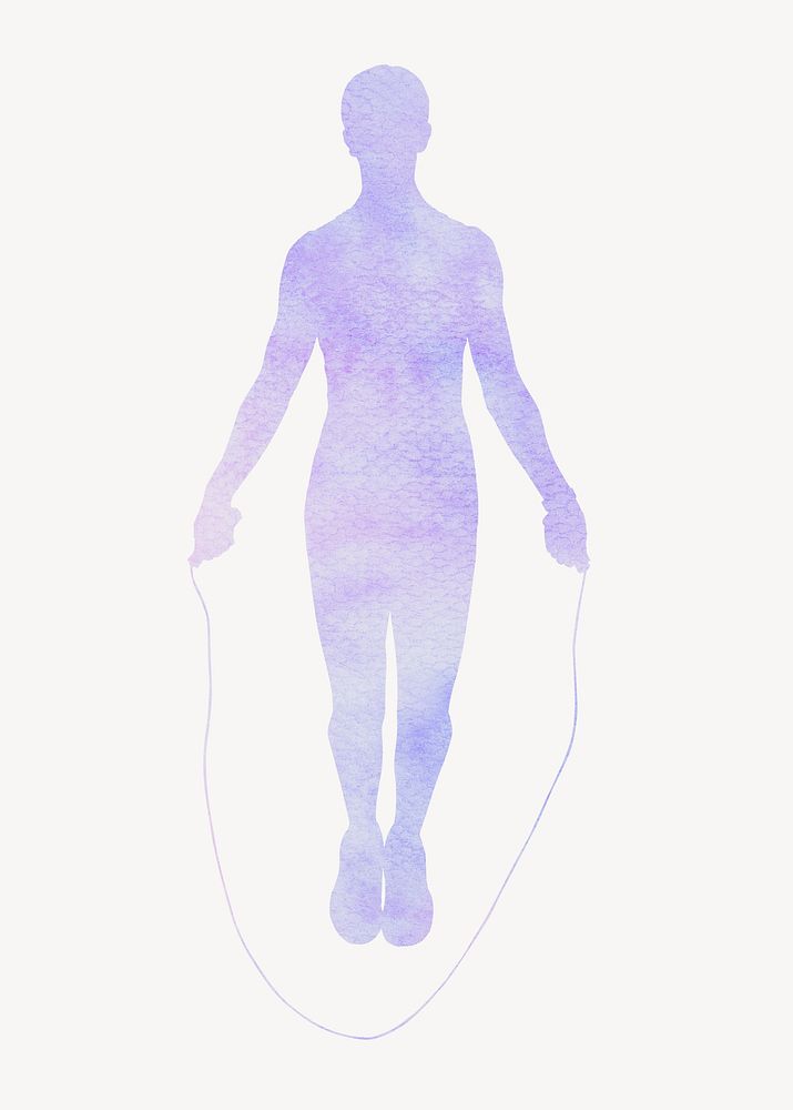 Woman skipping rope silhouette, fitness watercolor illustration