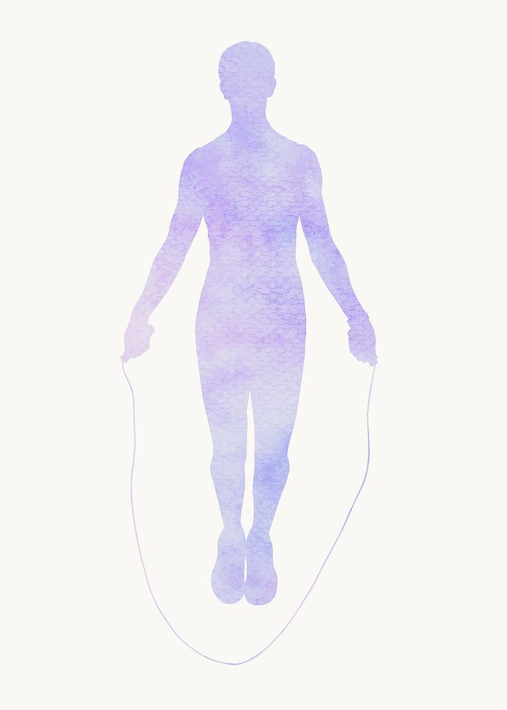 Woman skipping rope silhouette, fitness watercolor illustration vector