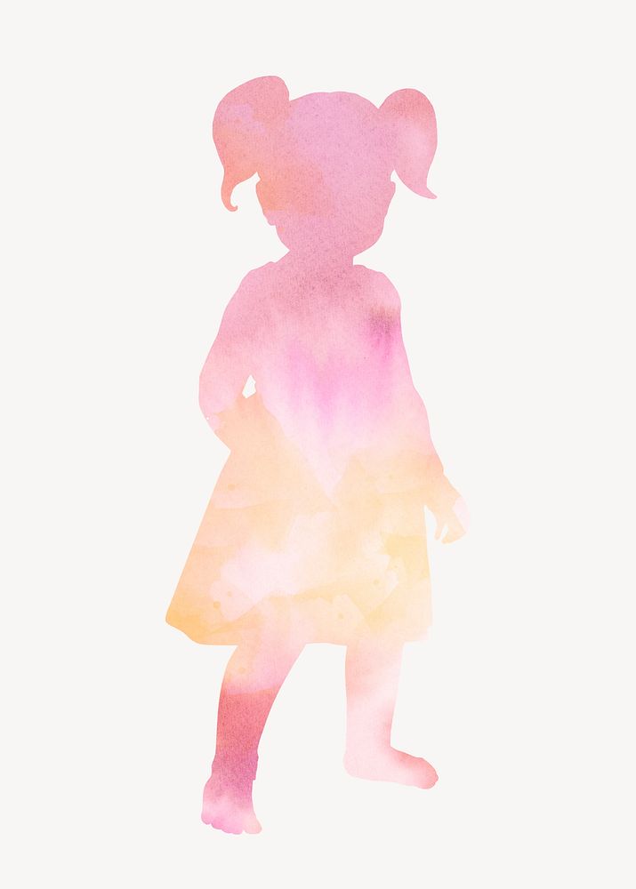 Girl with ponytails silhouette, pink watercolor clipart, full body psd