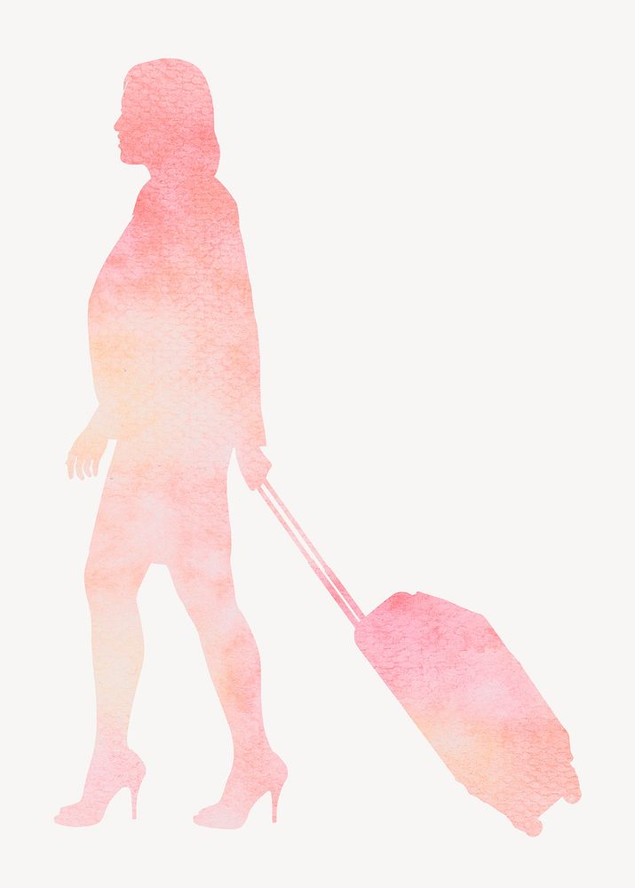 Woman dragging luggage silhouette, travel, watercolor illustration 