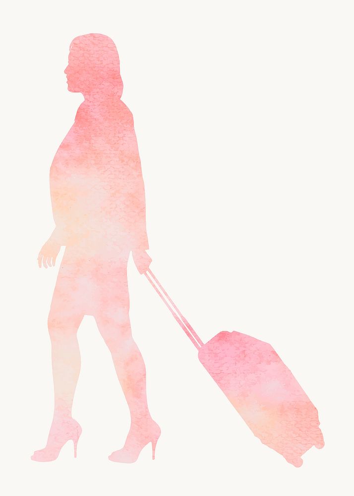 Woman dragging luggage silhouette, travel, watercolor illustration vector