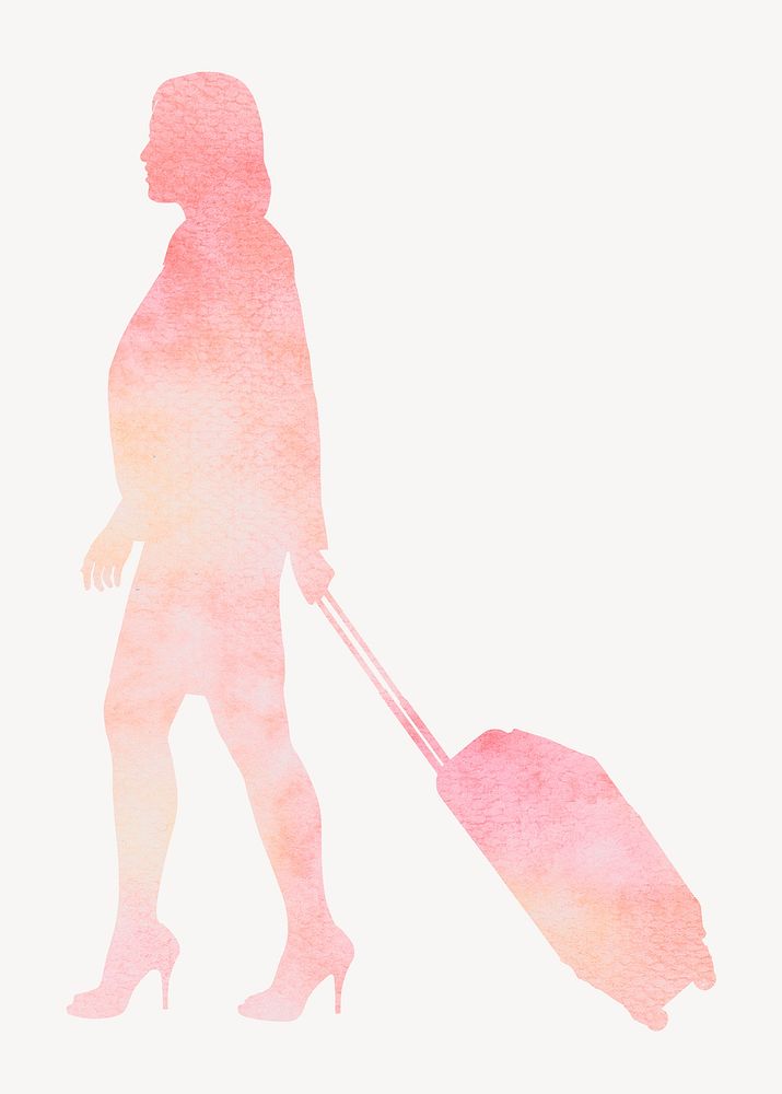 Woman dragging luggage silhouette, travel, watercolor illustration psd