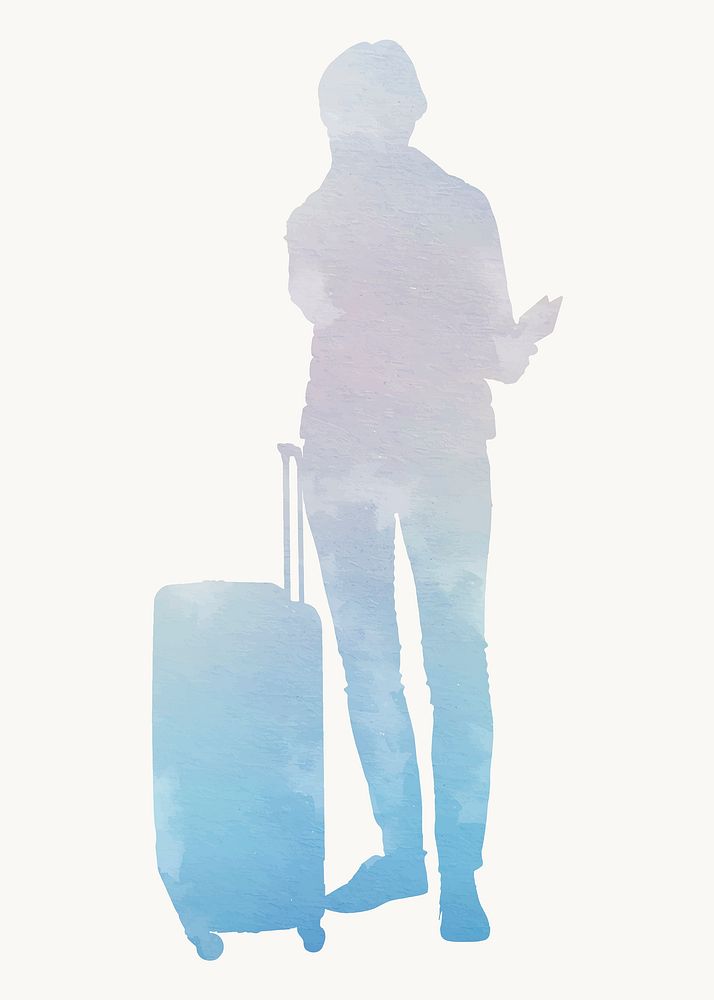 Woman with luggage silhouette, travel, watercolor illustration vector