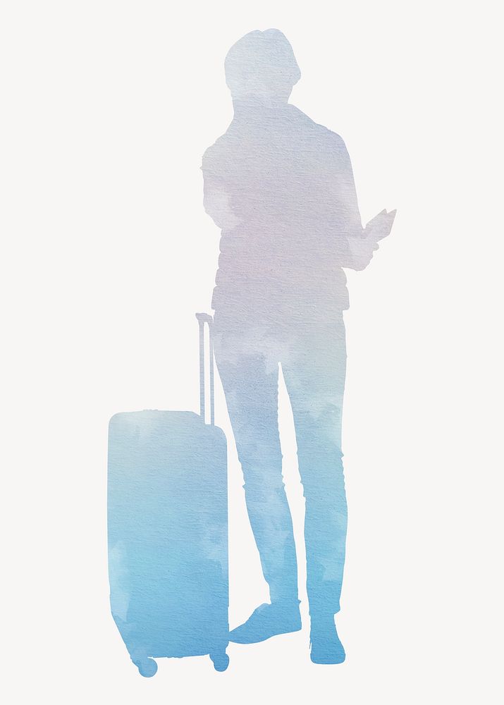 Woman with luggage silhouette, travel, watercolor illustration psd