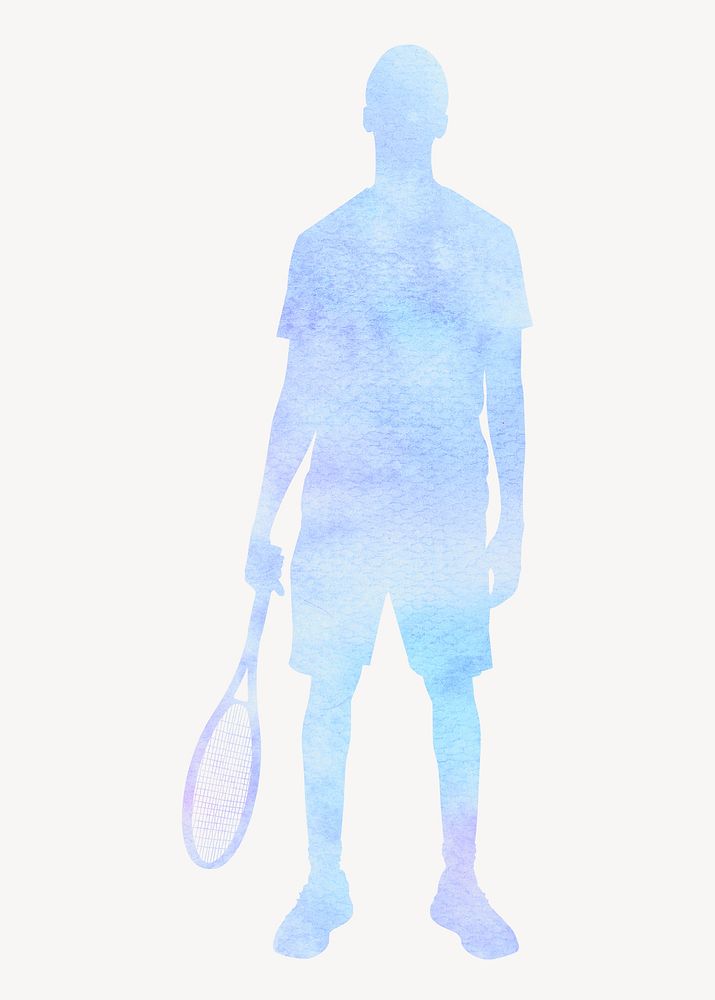 Male tennis player silhouette, sport, watercolor illustration psd