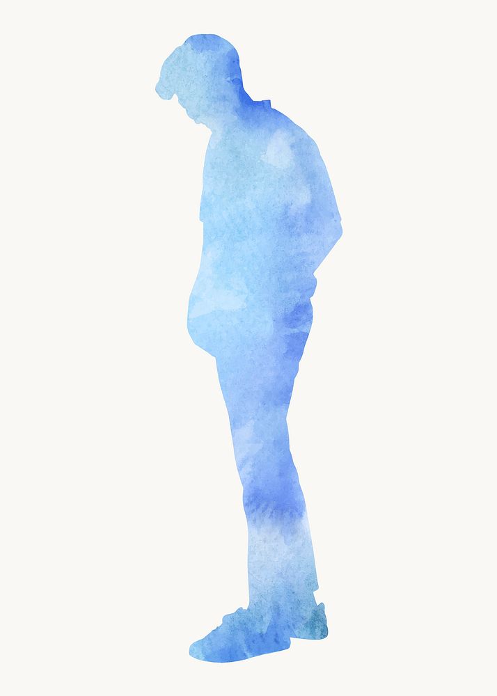Man looking down, watercolor silhouette clipart in blue vector