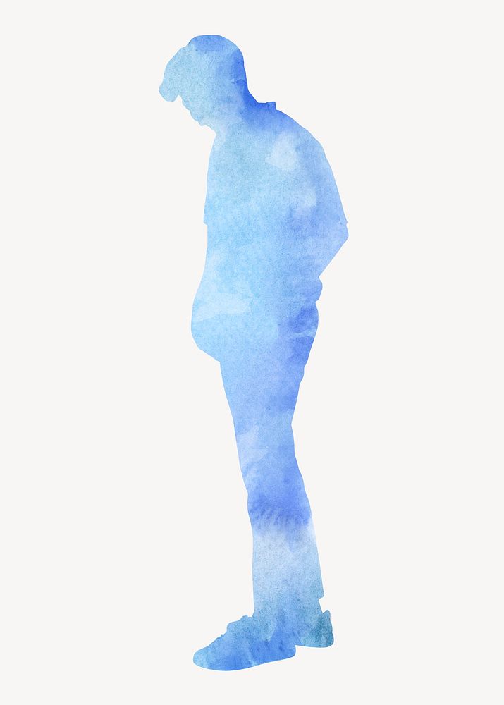 Man looking down, watercolor silhouette clipart in blue psd