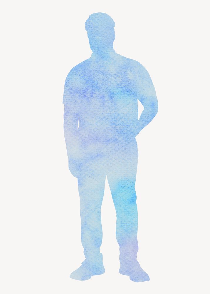 Man standing, aesthetic watercolor silhouette clipart in blue psd