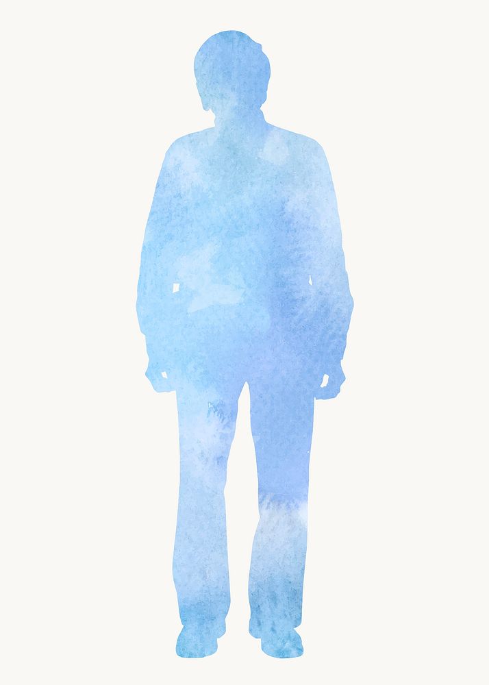 Man standing, aesthetic watercolor silhouette clipart in blue vector