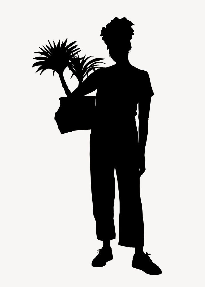 Woman holding plant silhouette clipart, hobby concept psd