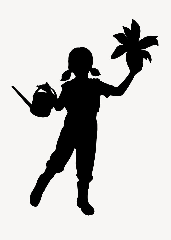Little girl holding plant silhouette clipart, hobby concept