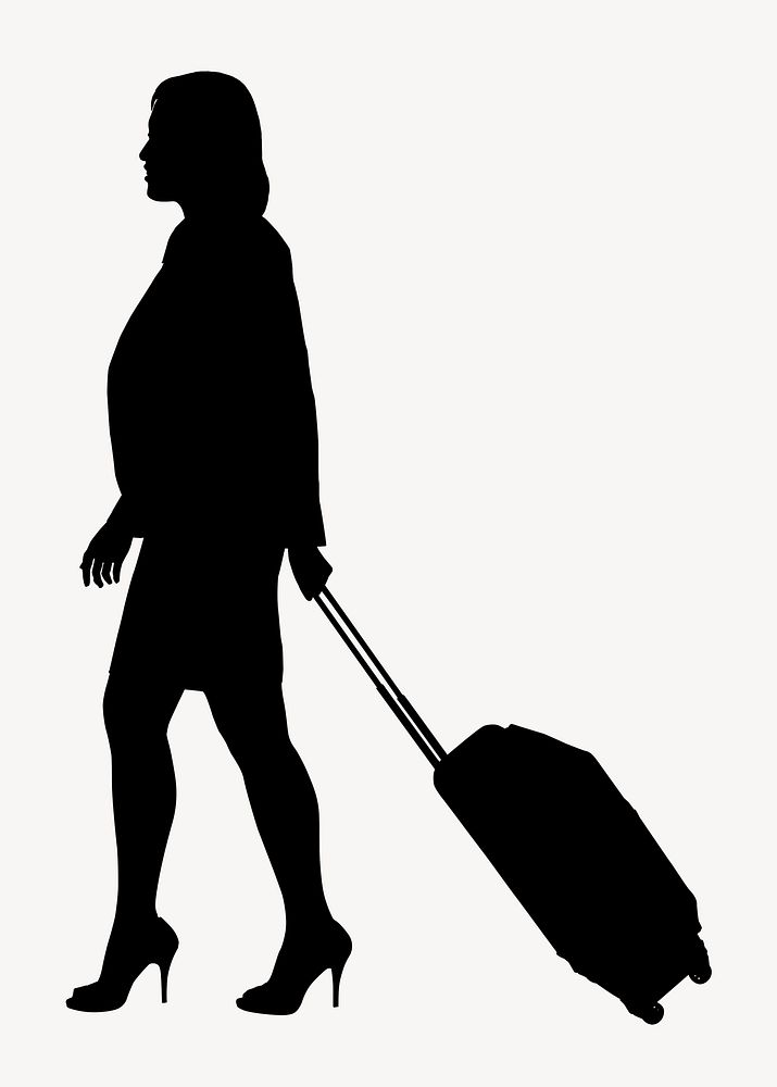 Woman dragging luggage silhouette, travel concept vector